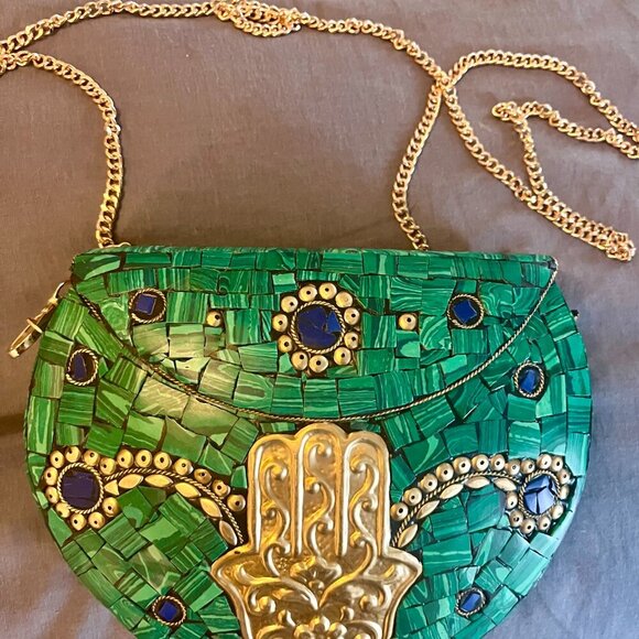 🎄NWOT, RAMLA Clutch Moroccan Purse Mosaic turquoise green Hamsa Hand. Boho Chic - Picture 14 of 15